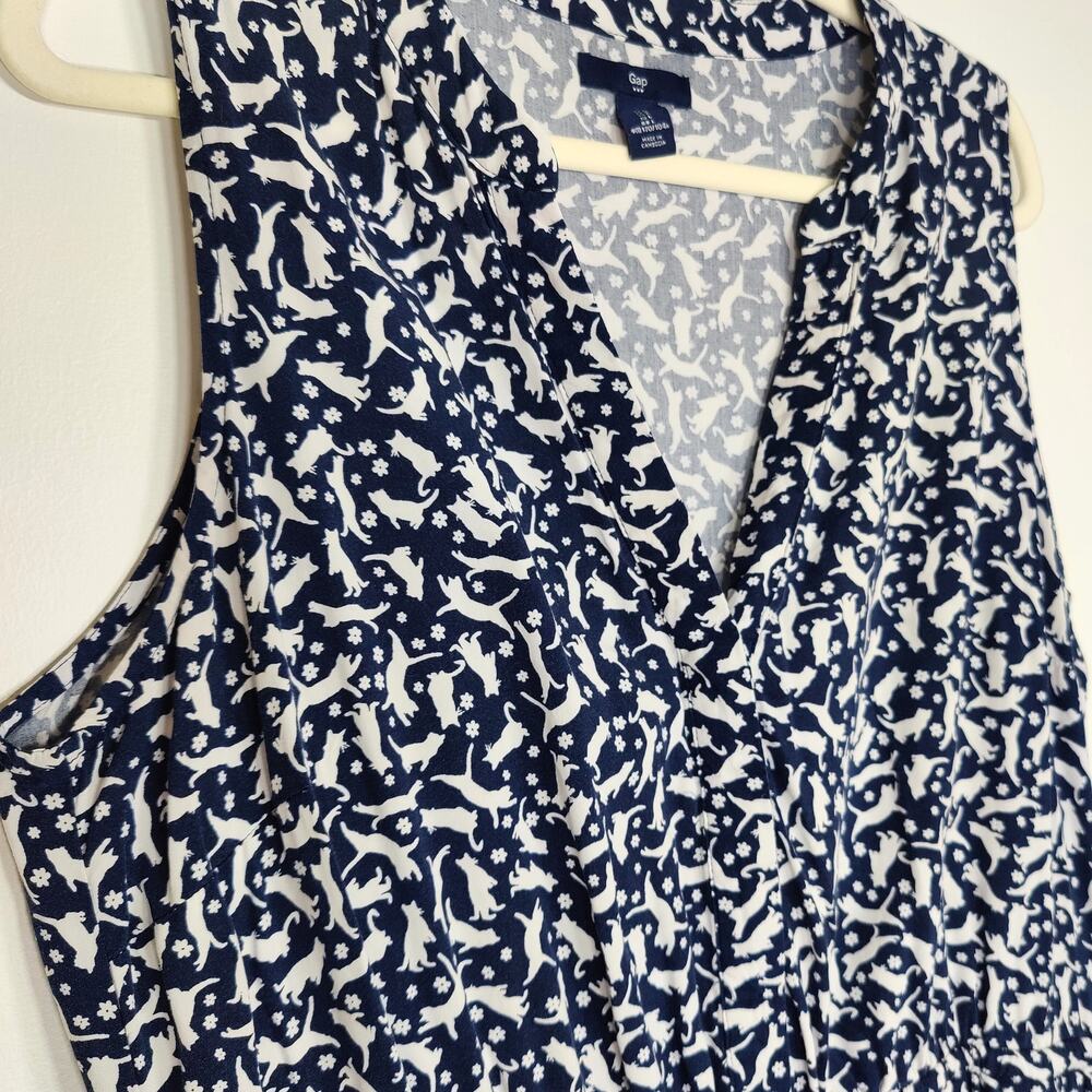 Gap Playful Cat Print Navy White Sleeveless Dress Drawstring Ruffle Hem L